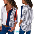 Latest Design Plus Size Patchwork Sexy Shirts for Women Tops Crop Stripe Women′s Color Block Tops